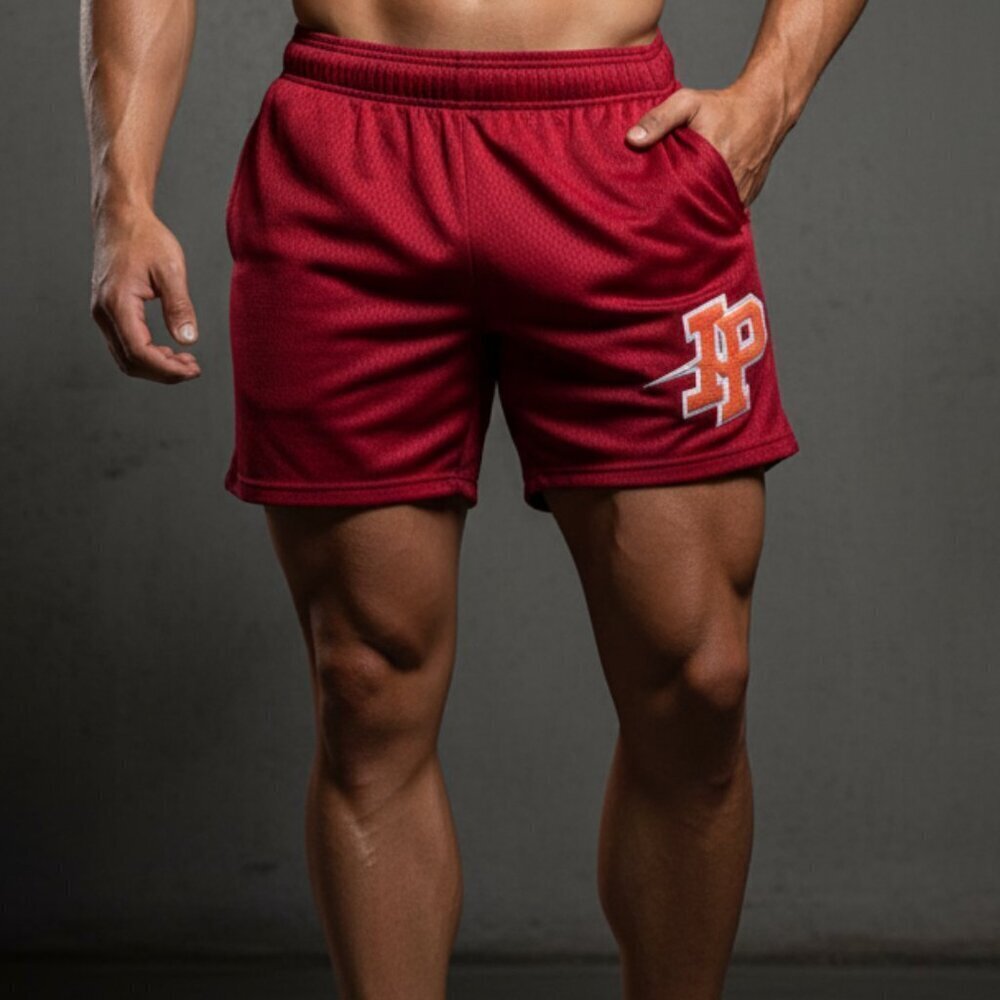 Inaka Power Men's Red Athletic Mesh Shorts with Orange Logo